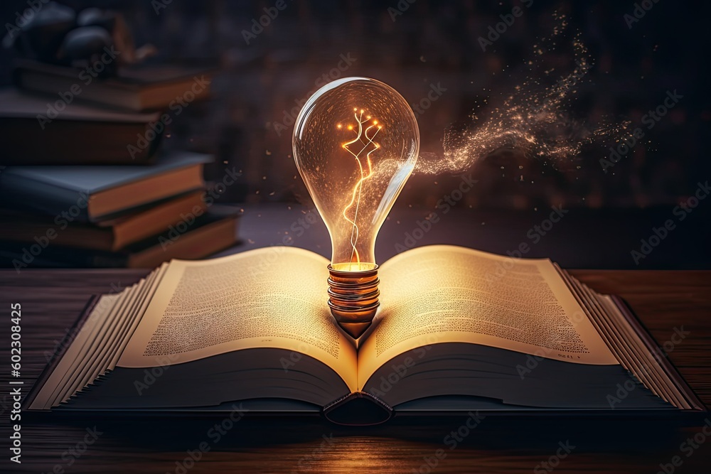 Poster open book with light bulb idea. education concept. creative design, learning and study background wi