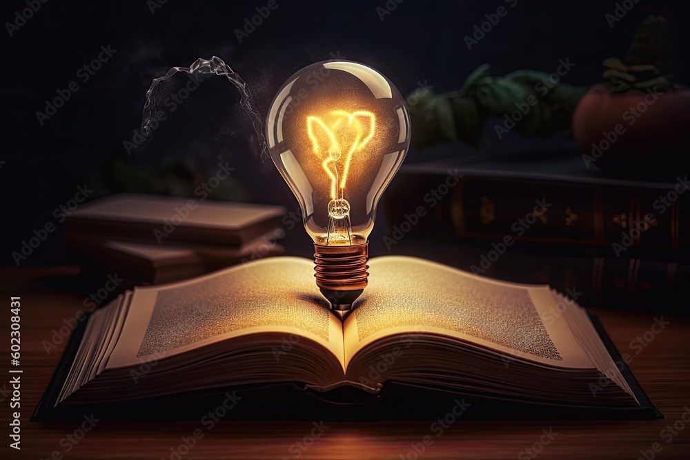 Poster open book with light bulb idea. education concept. creative design, learning and study background wi