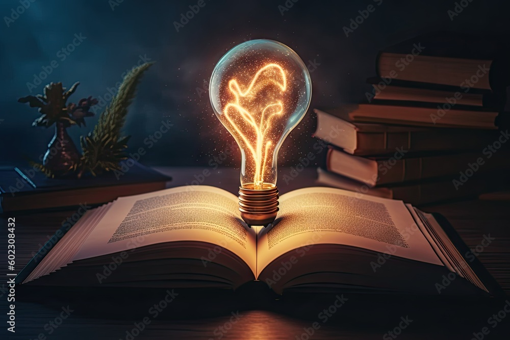 Aufkleber open book with light bulb idea. education concept. creative design, learning and study background wi