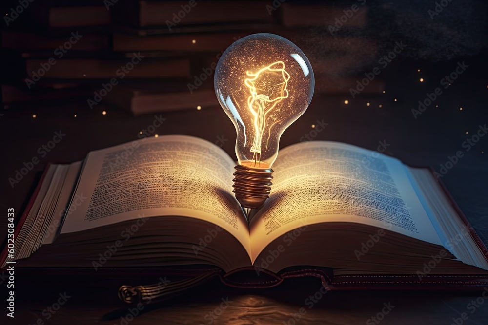 Poster open book with light bulb idea. education concept. creative design, learning and study background wi