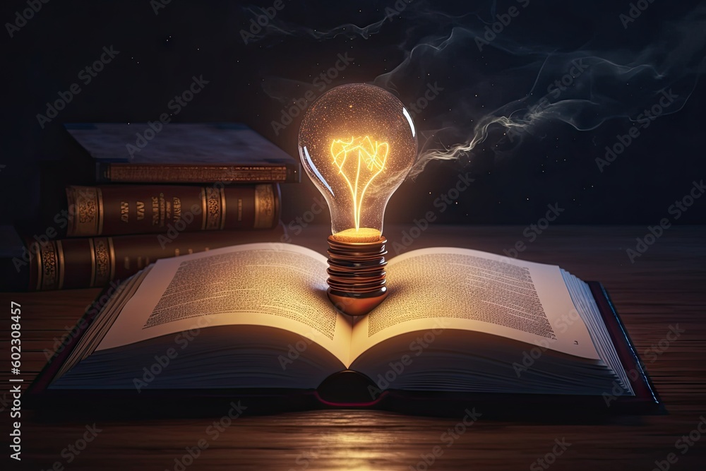 Poster open book with light bulb idea. education concept. creative design, learning and study background wi