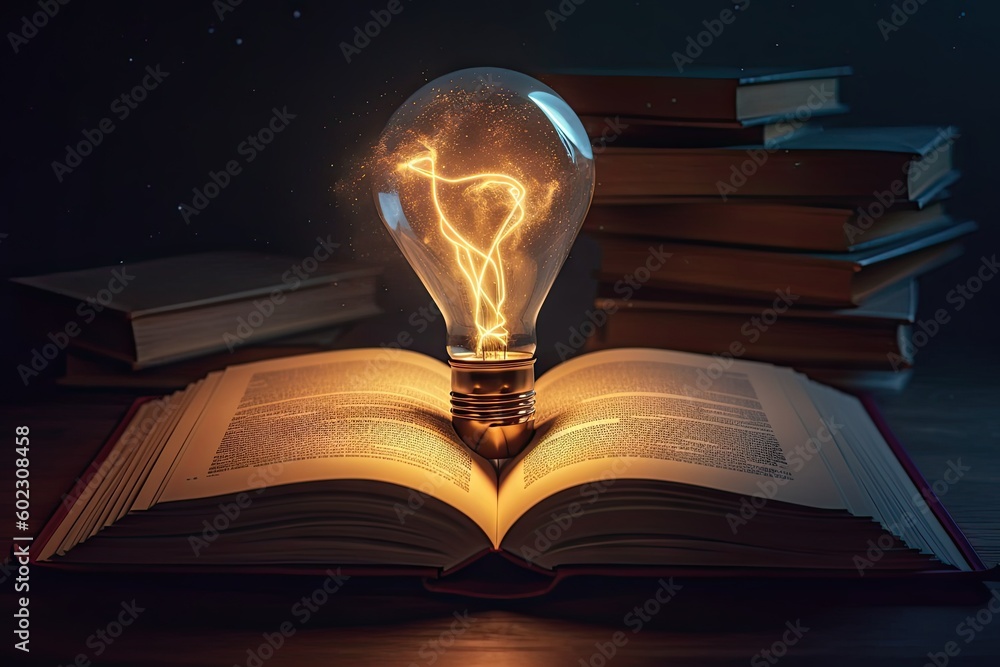 Aufkleber open book with light bulb idea. education concept. creative design, learning and study background wi