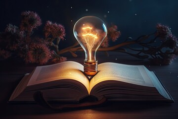 Open Book with Light Bulb Idea. Education Concept. Creative Design, Learning and Study Background with Copy Space. Generative AI illustrations.