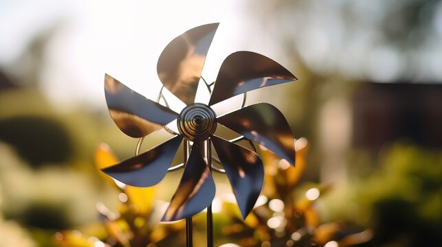 Closeup of a toy windmill in the garden at sunset.