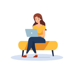 Fototapeta na wymiar Girl with a laptop on a chair. Freelance work concept. Remote work. Modern study. Cute illustration in flat style.