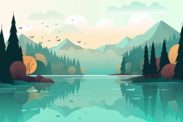  Beautiful landscape vector illustration. Stunning landscape of a mountain lake at dawn. Beautiful landscape for printing. © LoveSan