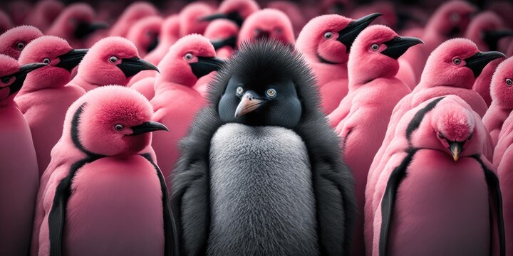 Difference concept showing by extraordinary penguin standing out of the crowd. superlative generative AI image.