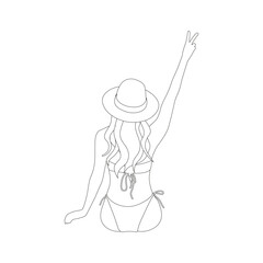 A beautiful girl with long hair and hat sitting in bikini looking at sea in out line art style on white background