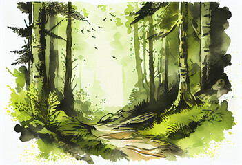 illustration of forest, watercolor style Generative AI