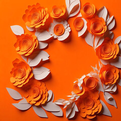 Many flowers made of paper on orange background with copy space. Floral frame layout with text space. Romantic feminine composition. Wedding invitation. International Womens day, Generated AI