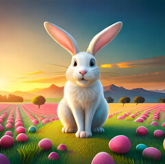 Happy Easter happy  Bunny with many colorful easter eggs. Generative AI