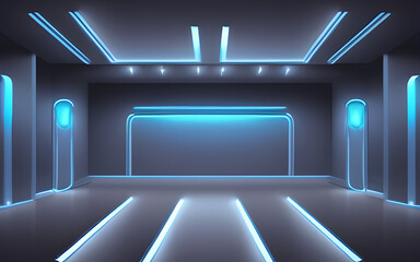 Neon empty room stage with spotlight. Generative AI