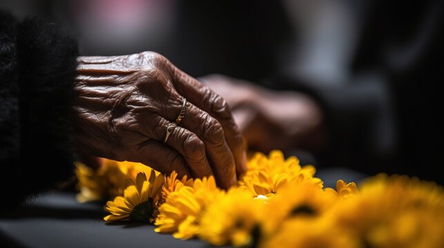 Hands of senior person put flowers on memorial or grave.
