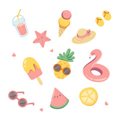 Set of cute summer icons: ice cream, melon, watermelon, fruit juice, hat, flamingo