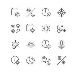 Set of four seasons and day parts related icons, day night switch, night time, sunset time, all seasons and linear variety symbols.	