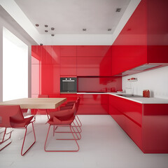 Red kitchen, modern and minimalist interior design