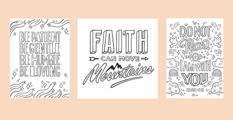 Set of Christian religious coloring pages for children and adults. Bible verses.Emotional support during crisis times. Printable lettering illustration, modern typography. Adult coloring, hobby