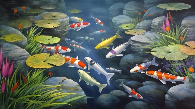 A painting of a serene koi pond, with colorful fish swimming amidst lily pads and rocks, would bring a sense of tranquility and harmony. Generative AI.