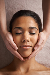 Woman sleeping, hands or head massage to relax for zen resting or wellness physical therapy in spa....