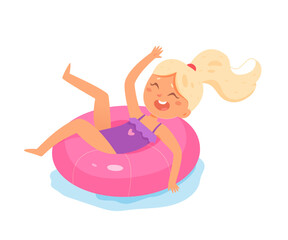 Happy kid swimming, girl floating on inflatable pink mattress, child lying on rubber ring