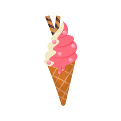 Ice cream colorful ball in cone waffle isolated on white background. Cold sweet dessert for children. Cone-shaped pastry. Vector delicious multicolor tasty fruit vanilla sundae. Summer refreshment