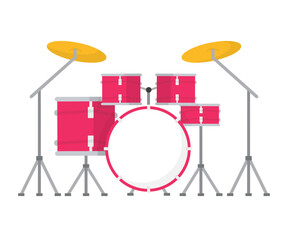 Fototapeta na wymiar Drum kit, vintage red drums and gold cymbals on stand to play music rhythm with sticks