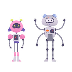 Cute robots set, pink and gray robot toys with many mechanical arms, panels on chest