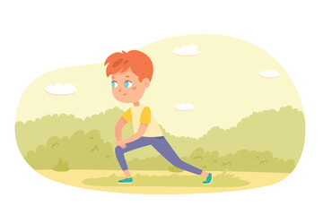 Child doing squat exercise vector illustration. Cartoon isolated active cute boy crouching on left leg, male student squatting and training body on yoga or pilates posture, sport workout of kid