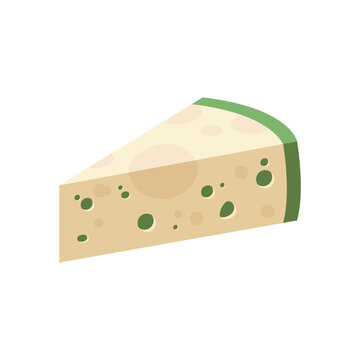 Blue cheese triangle, isometric geometric badge of cheese piece with holes, green mold