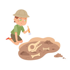 Cute boy study archeology vector illustration. Cartoon scene with little archaeologist character exploring dinosaur bones in soil, kid paleontologist playing, holding brush