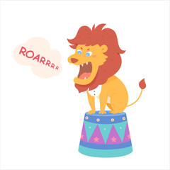 Circus lion on podium, angry roaring lion sitting in arena, wild animal with open mouth