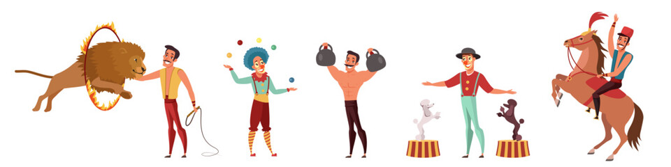 Circus artists characters set, people with carnival costumes and animals perform show