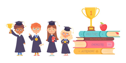 Children graduates standing near books stack, education and knowledge success symbols