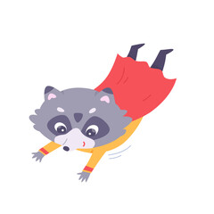Cute raccoon superhero, brave and strong animal superman flying to defend and fight
