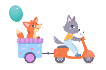 Fun ride of cute animals friends, funny wolf riding motor scooter, carrying fox in cart