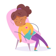 Cute bored girl sleeping in armchair, portrait of sleepy lazy child sitting with book