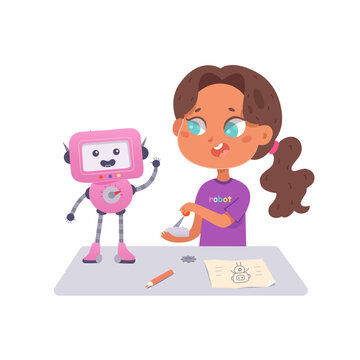 Cute girl working with toy robot, little student holding control tool, training robot