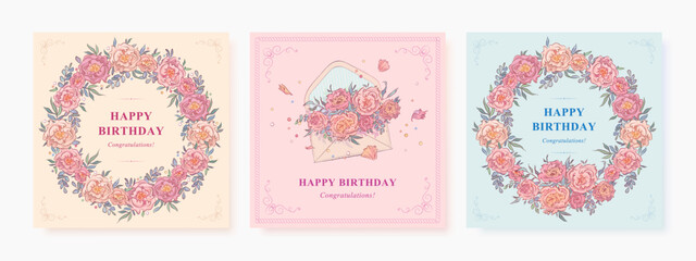 Happy birthday greeting square background with hand drawn wreath, envelope and flowers. Vector illustration for poster, card, promotional materials, website