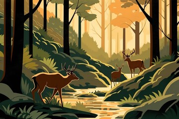 Deer in the forest. Vector Illustration.