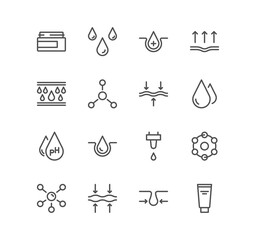 Set of skin care related icons, moisture cream, anti wrinkle, serum, ceramide, collagen, acid, sunscreen linear variety symbols.	
