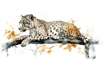 light watercolor, A compelling illustration of an endangered Amur leopard, resting on a tree branch - obrazy, fototapety, plakaty