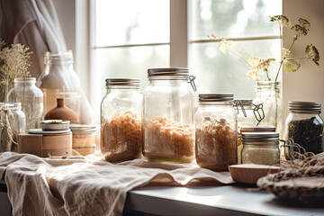 Fototapeta na wymiar Zero waste rural kitchen concept. Mason jars, sharing concept. Generative AI