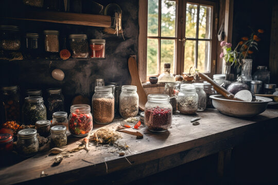 Zero waste rural kitchen in a cottagecore rustic style. Mason jars, sharing concept. Generative AI