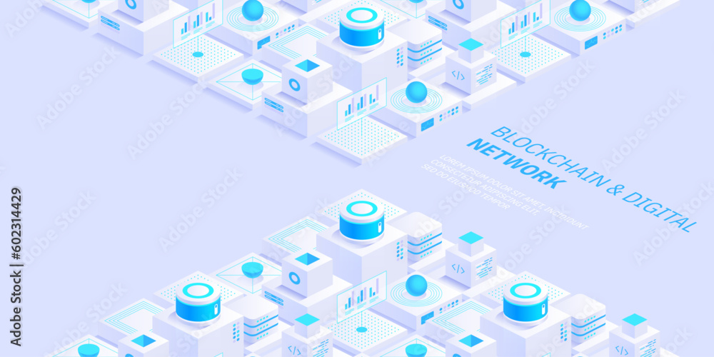 Poster abstract blockchain and digital cloud network technology background. artificial intelligence, deep l