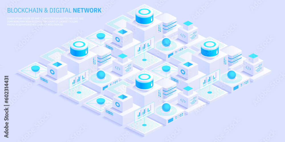 Poster abstract blockchain and digital cloud network technology background. artificial intelligence, deep l