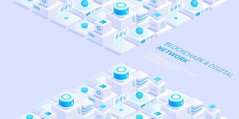 Abstract blockchain and digital cloud network technology background. Artificial intelligence, deep learning and big data concept. Quantum technology. Isometric tech visual for screen pattern template.