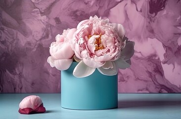 peony petal arrangement in pink paper container on a marble table, generative ai