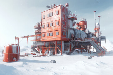 Arctic / Antarctic research station in a ice covered landscape.  Generative AI. 