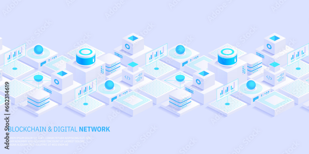 Poster abstract blockchain and digital cloud network technology background. artificial intelligence, deep l