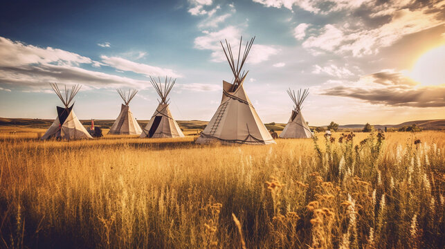 Illustration of First Nations tipis on the open prairies of North America. Generative AI. 